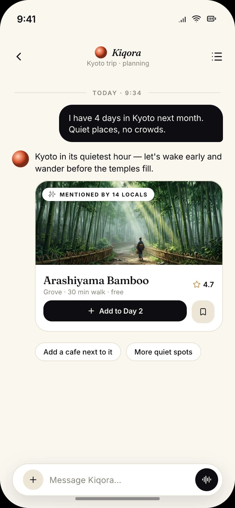 Kiqora itinerary chat